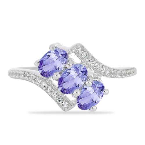 BUY NATURAL TANZANITE WITH WHITE ZIRCON GEMSTONE CLASSIC RING IN 925 SILVER